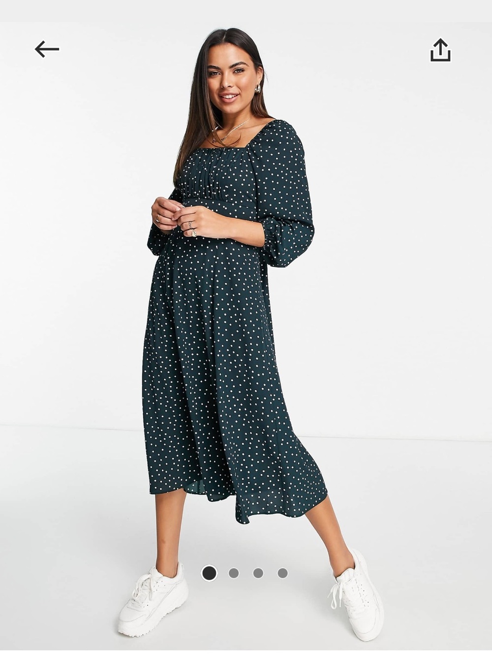 ASOS Square Ruched Neck Midi Dress Dark Green Polka Dot BRAND NEW WITH TAGS